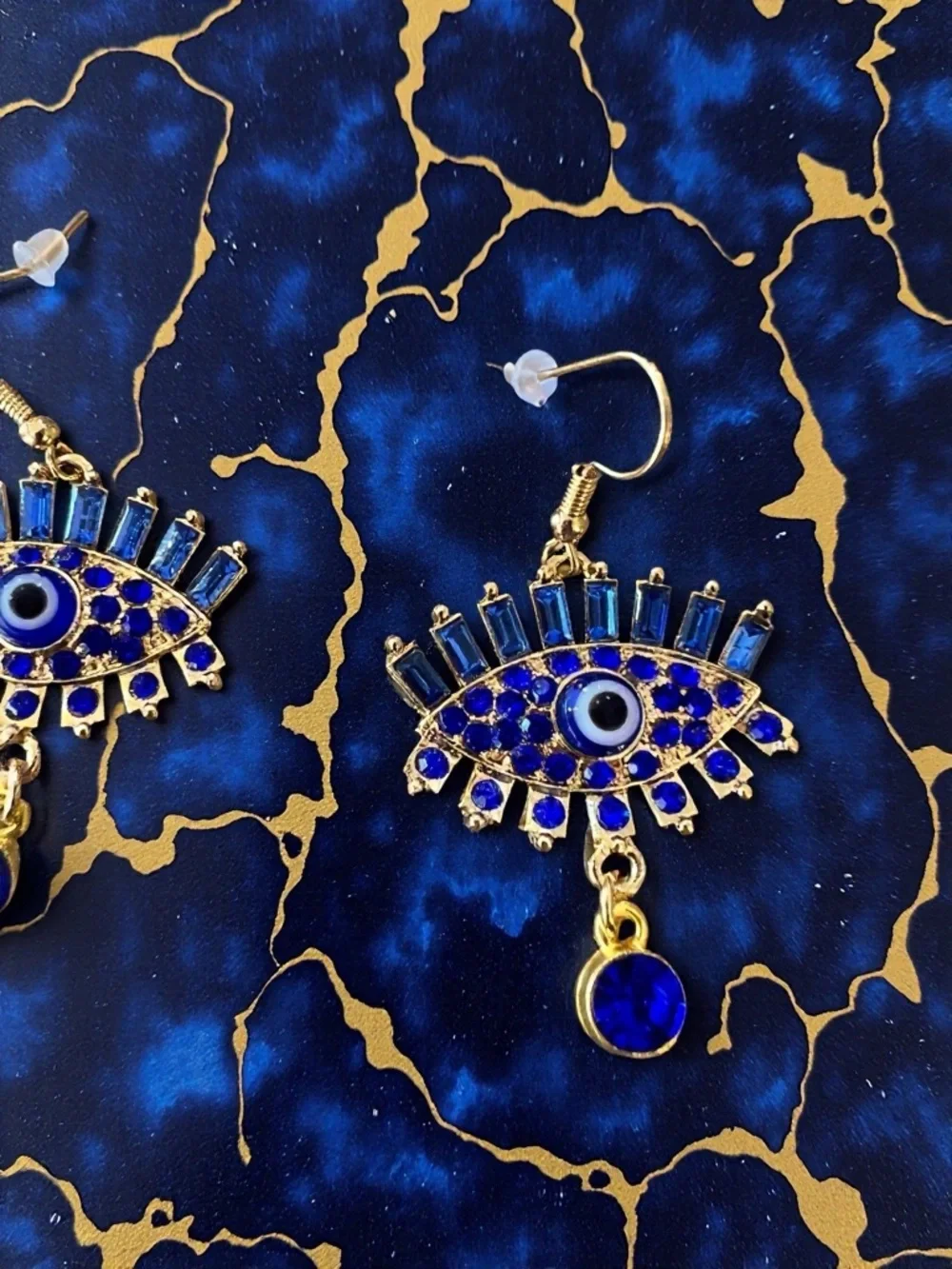 Gold-Tone Evil Eye Drop Earrings with Royal Blue Crystals - Women Jewelry